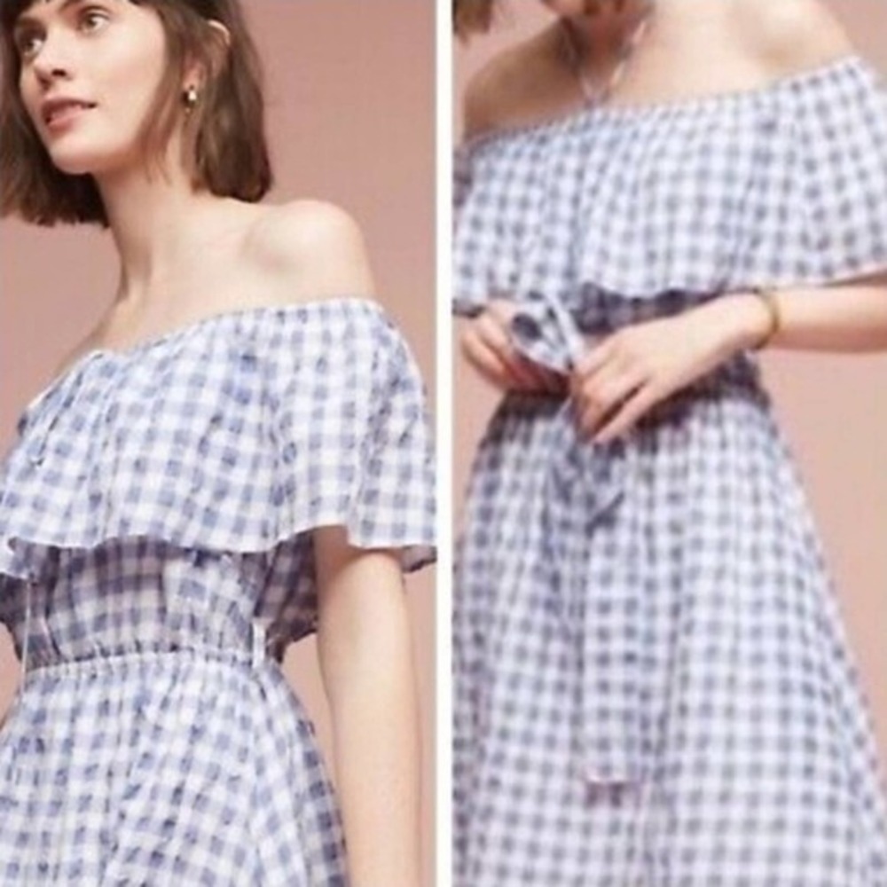 ANTHROPOLOGIE 11-1-TYLHO BLUE WHITE Off Shoulder Tie Waist GINGHAM DRESS size XL